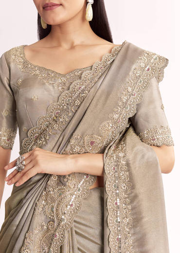 Grey Tissue Saree With Cutdana Sequins Beads And Resham Embroidery