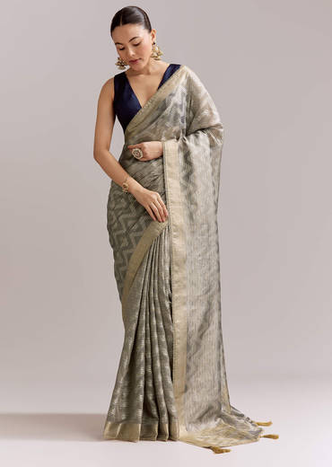 Grey Tissue Silk Woven Saree With Zig Zag Motif And Zari Border