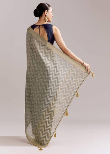 Grey Tissue Silk Woven Saree With Zig Zag Motif And Zari Border