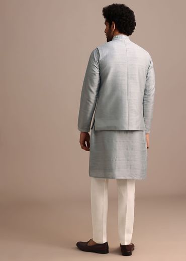 Grey Kurta Jacket Set With Thread Work And Mirror Embroidery For Men