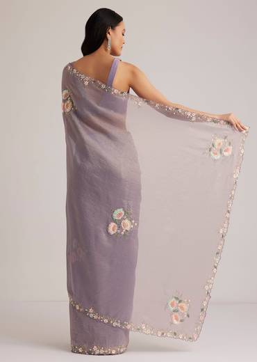 Grey Tissue Saree Floral Embroidery