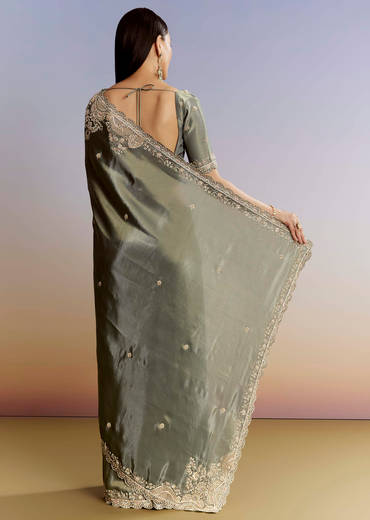 Greyish Blue Tissue Saree With French Knot Resham Embroidery
