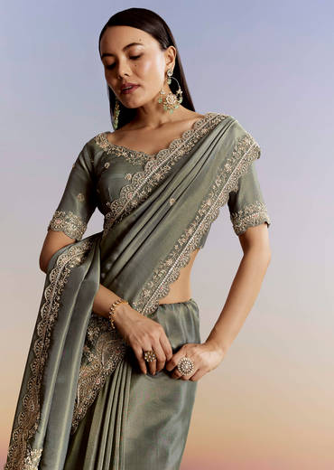Greyish Blue Tissue Saree With French Knot Resham Embroidery