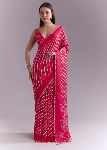 Hot Pink Chinon Saree With Leheriya Print And Mirror Work