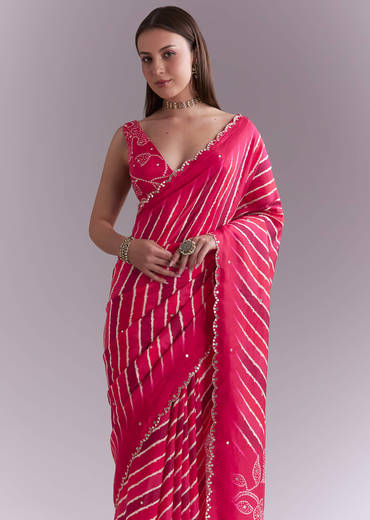 Hot Pink Chinon Saree With Leheriya Print And Mirror Work