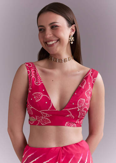 Hot Pink Chinon Saree With Leheriya Print And Mirror Work