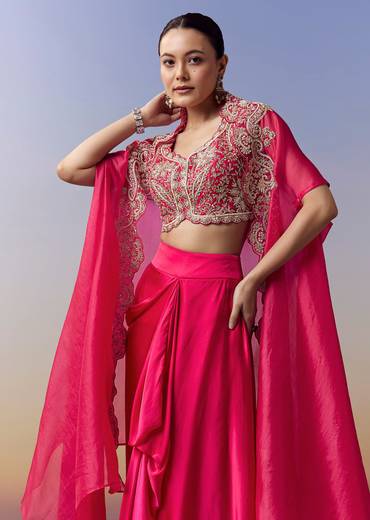 Hot Pink Indo Western Crop Top Skirt Set With Zardosi Work And Organza Cape