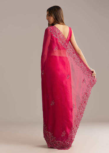 Hot Pink Organza Saree With Stone And Cutdana Embroidery