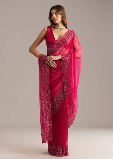 Hot Pink Organza Saree With Stone And Cutdana Embroidery