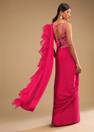 Hot Pink Readymade Saree In Crepe With Ruffle Frill On The Pallu And Beads Embroidered Crop Top And Belt