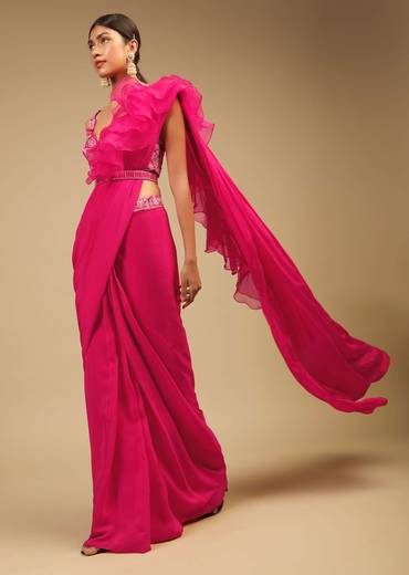 Hot Pink Readymade Saree In Crepe With Ruffle Frill On The Pallu And Beads Embroidered Crop Top And Belt