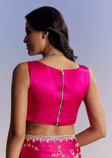 Hot Pink Satin Saree With All Over Jaal Embroidery In Cutdana And Sequins