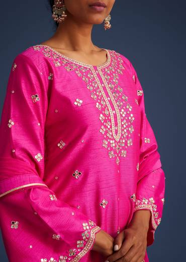 Hot Pink Silk Embroidered Kurta Dhoti Set