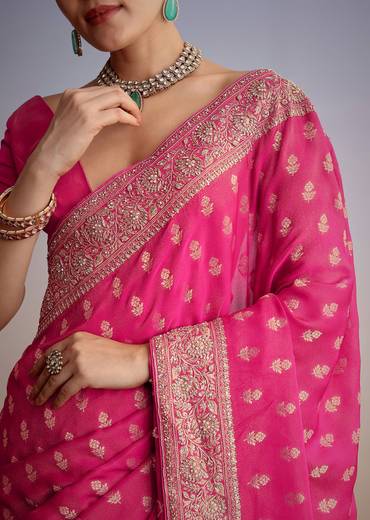 Hot Pink Silk Saree With Heavy Embroidered Border And Pallu
