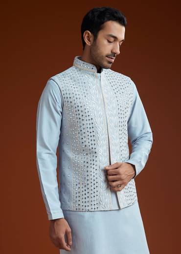 Ice Blue Cotton Silk Kurta Jacket Set With Vine Motif Threadwork