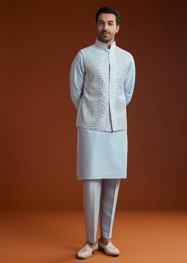 Ice Blue Cotton Silk Kurta Jacket Set With Vine Motif Threadwork
