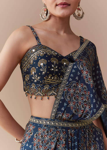 Indigo Ready Pleated Ajrakh Print Saree with Blouse