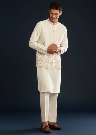 Ivory Banarasi Silk Jacket Kurta Set With Zardozi Work