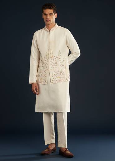 Ivory Banarasi Silk Jacket Kurta Set With Zardozi Work
