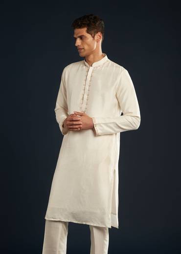 Ivory Banarasi Silk Jacket Kurta Set With Zardozi Work