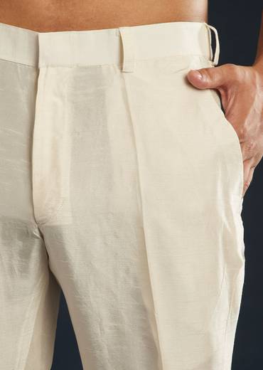 Ivory Banarasi Silk Jacket Kurta Set With Zardozi Work