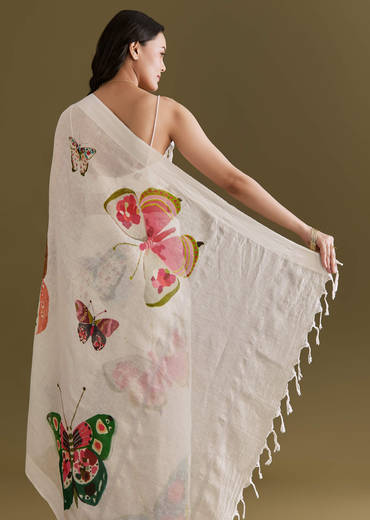 Ivory Cotton Linen Saree With Multicolour Butterfly Prints