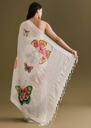 Ivory Cotton Linen Saree With Multicolour Butterfly Prints