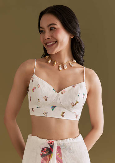 Ivory Cotton Linen Saree With Multicolour Butterfly Prints