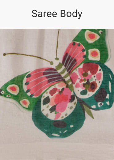 Ivory Cotton Linen Saree With Multicolour Butterfly Prints