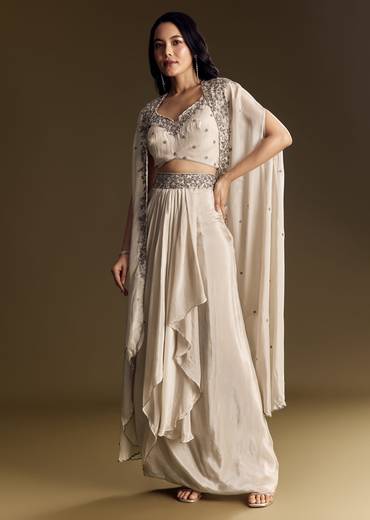Ivory Crop Top Skirt Set With Cape And Silver Zardozi Work
