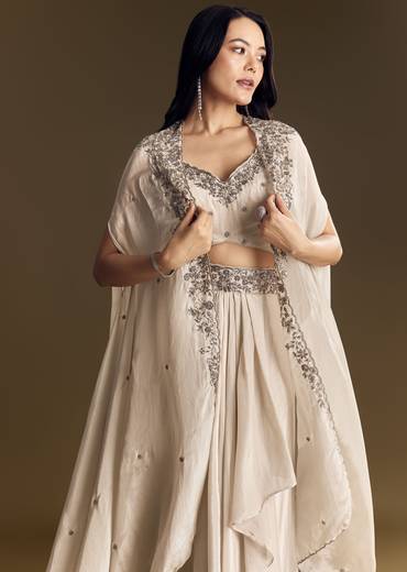 Ivory Crop Top Skirt Set With Cape And Silver Zardozi Work