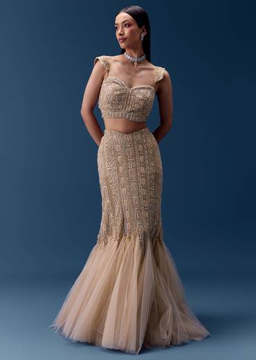 Ivory Cutdana Embellished Fishcut Lehenga Set