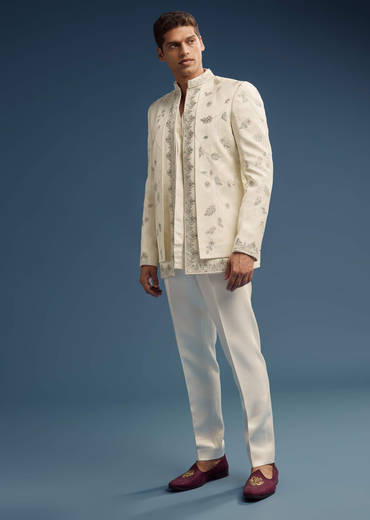 Ivory Dola Silk Jodhpuri Suit For Men With Zardosi Embroidery
