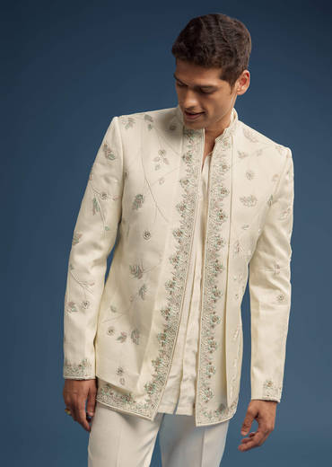 Ivory Dola Silk Jodhpuri Suit For Men With Zardosi Embroidery