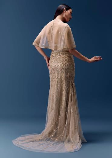 Ivory Embellished Fishcut Lehenga Set with Cape