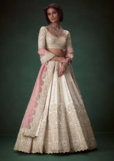 Ivory Embellished Silk Bridal Lehenga Set with Two Duapattas