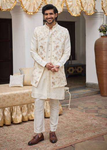 Ivory Floral Embroidered Jacket Kurta Set