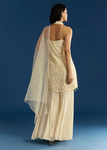 Ivory Georgette Kurta Palazzo Set With Dupatta