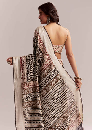 Ivory Linen Printed Saree With Authentic Ajrakh Print