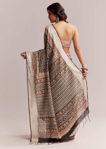 Ivory Linen Printed Saree With Authentic Ajrakh Print