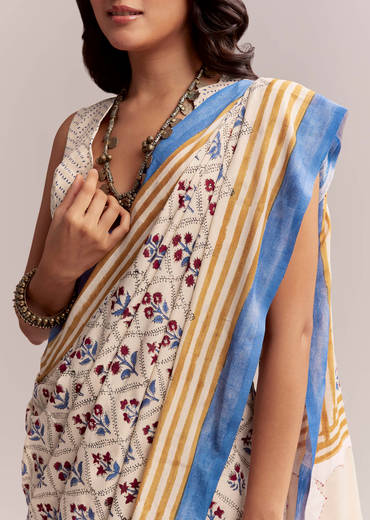 Ivory Linen Printed Saree With Handcrafted Ajrakh Patch Work