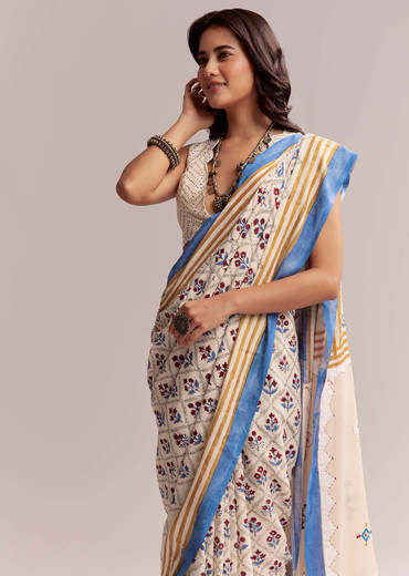 Ivory Linen Printed Saree With Handcrafted Ajrakh Patch Work