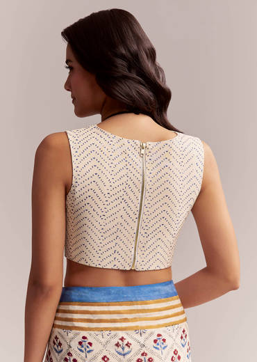 Ivory Linen Printed Saree With Handcrafted Ajrakh Patch Work