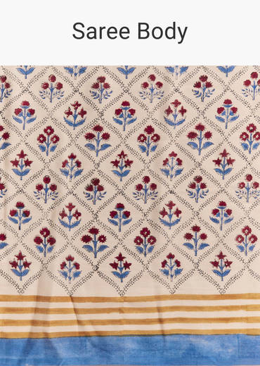 Ivory Linen Printed Saree With Handcrafted Ajrakh Patch Work