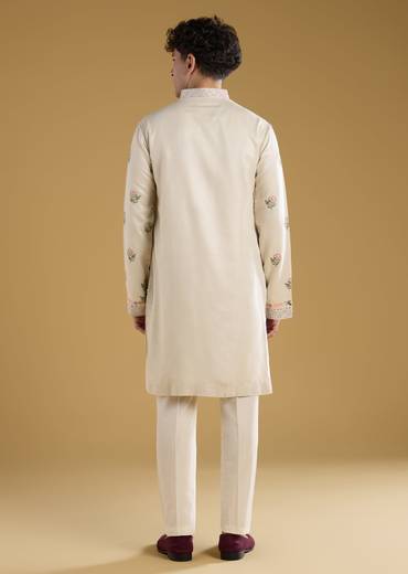 Ivory Mens Kurta Set With Resham Detail
