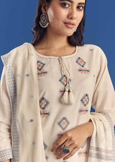 Ivory Mul Cotton Kurta Set With Thread Weaving And Dupatta