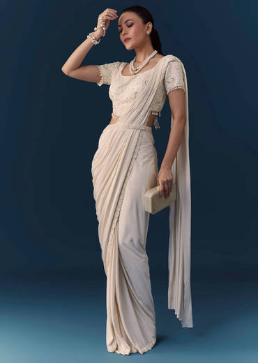 Ivory Ready Pre Pleated Saree with Moti Work Blouse