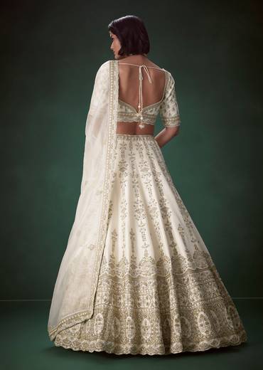 Ivory Resham Embellished Silk Bridal Lehenga Set with Two Duapattas