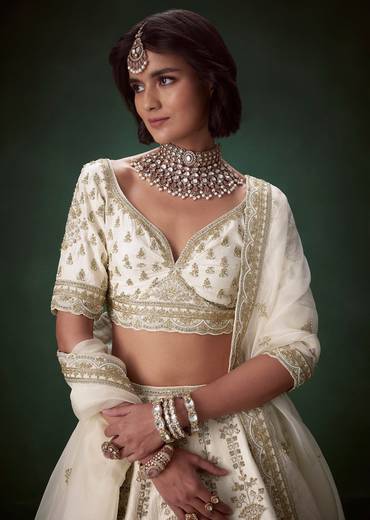 Ivory Resham Embellished Silk Bridal Lehenga Set with Two Duapattas