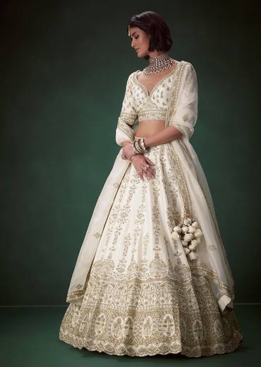 Ivory Resham Embellished Silk Bridal Lehenga Set with Two Duapattas